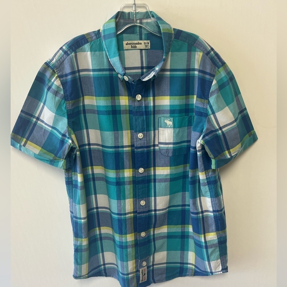 ABERCROMBIE & FITCH BOYS BLUE/YELLOW CHECKED SHORT SLERVE SHIRT